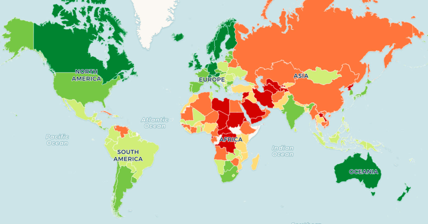 Mapa do Índice de Democracia: em verde-escuro, as democracias plenas. Por Darin Graham.