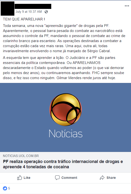 "Ou aparelhamos descaradamente o Estado ou continuaremos apanhando", escreveu professor da USP. Imagem: Reprodução.