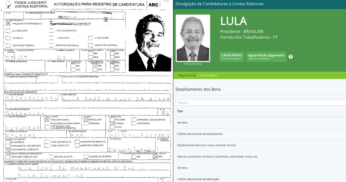 Montagem com patrimônio declarado por Lula em 2002 e 2018