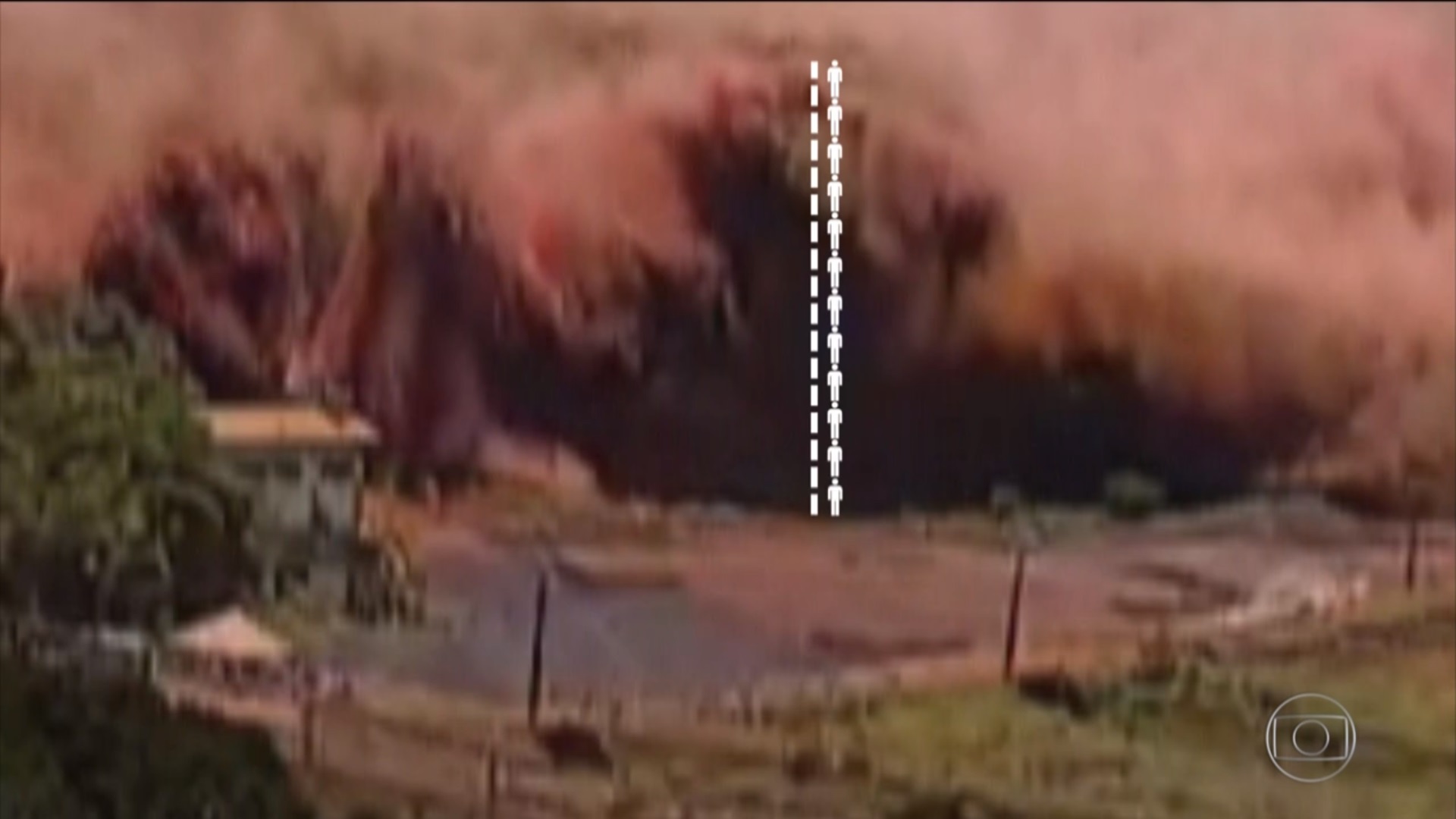 A onda de lama na mina da Vale em Brumadinho: 12 pessoas, ou 20 metros de altura. Foto: Reprodução/TV Globo